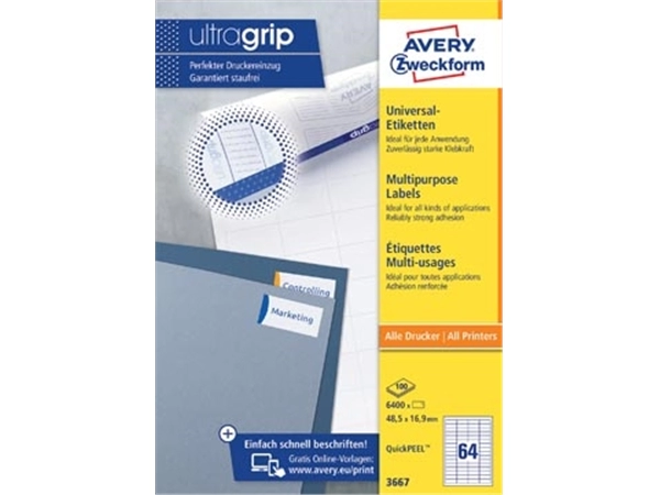 Een Avery Zweckform 3667, Universele etiketten, Ultragrip, wit, 100 vel, 64 per vel, 48,5 x 16,9 mm koop je bij best4office