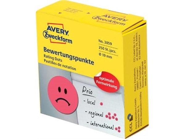 Een Avery rating dots, diameter 19 mm, rol met 250 stuks, smiley, rood koop je bij best4office