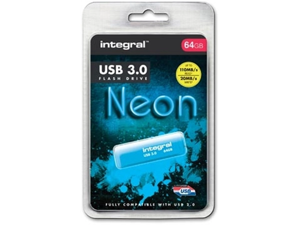 Een Integral Neon USB 3.0 stick, 64 GB, blauw koop je bij best4office