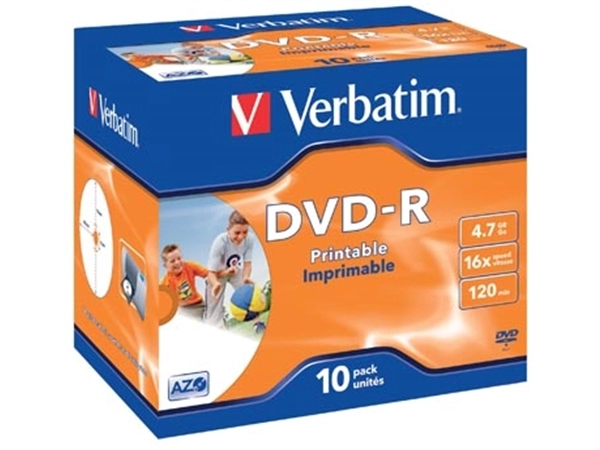 Een Verbatim DVD recordable DVD-R, printbaar, doos van 10 stuks, individueel verpakt (Jewel Case) koop je bij Muys Kantoor & Kado