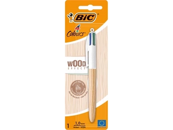 Een Bic Colours Wood Style, 4-kleurenbalpen, medium, klassieke inktkleuren, op blister koop je bij Muys Kantoor & Kado