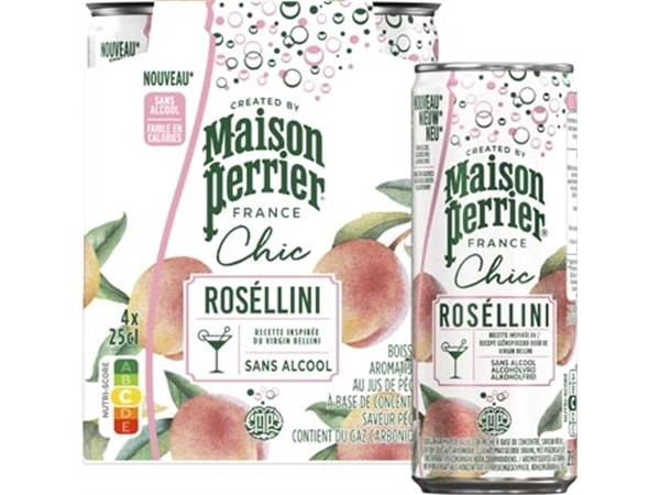 Een Maison Perrier mocktail Roséllini, perzik, blik van 25 cl, pak van 4 stuks koop je bij Muys Kantoor & Kado