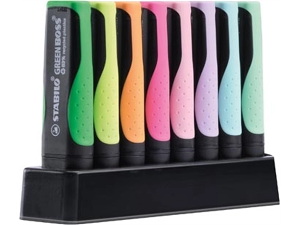 Een STABILO GREENBOSS PASTEL markeerstift, deskset van 8 stuks in geassorterde kleuren koop je bij Muys Kantoor & Kado