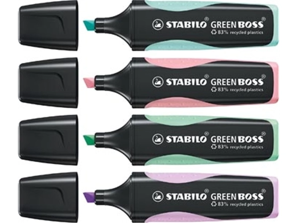 Een STABILO GREENBOSS PASTEL markeerstift, blister van 4 stuks in geassorteerde kleuren koop je bij Muys Kantoor & Kado