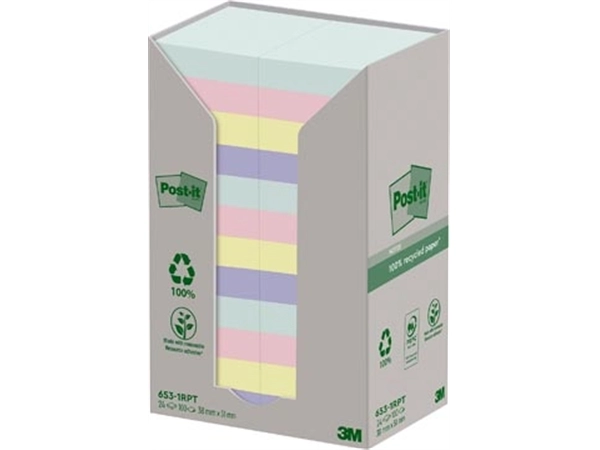 Een Post-it recycled notes Nature, 100 vel, ft 38 x 51 mm, pak van 24 blokken, geassorteerde kleuren koop je bij Muys Kantoor & Kado