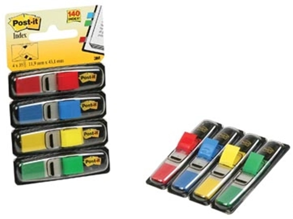 Een Post-it Index Smal, ft 11,9 x 43,2 mm, blister met 4 kleuren, 35 tabs per kleur, 4 + 2 blisters gratis koop je bij Muys Kantoor & Kado