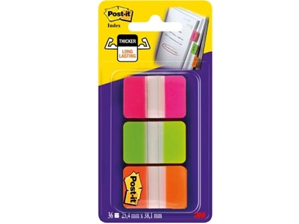 Een Post-it Index Strong, ft 25,4 x 38 mm, set van 3 kleuren (roze, groen en oranje), 12 tabs per kleur koop je bij best4office