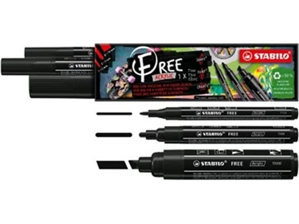 Een STABILO free acrylmarker, verschillende formaten, zwart, pak van 3 stuks koop je bij Muys Kantoor & Kado