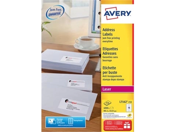 Een Avery L7162, Adresetiketten, Laser, Ultragrip, wit, 250 vellen, 16 per vel, 99,1 x 33,9 mm koop je bij Muys Kantoor & Kado