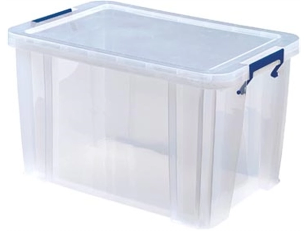 Een Bankers Box opbergdoos 26 liter, transparant met blauwe handvaten, per stuk verpakt in karton koop je bij best4office