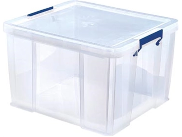 Een Bankers Box opbergdoos 48 liter, transparant met blauwe handvaten, per stuk verpakt in karton koop je bij best4office