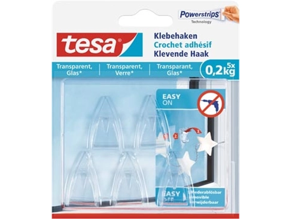 Een Tesa klevende Haak voor Transparant en Glas, draagvermogen 200 g, blister van 5 stuks koop je bij Muys Kantoor & Kado