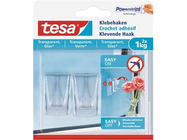 Een Tesa Klevende haak voor Transparant en Glas, draagvermogen 1 kg, blister van 2 stuks koop je bij Muys Kantoor & Kado