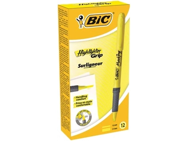 Een Bic markeerstift Highlighter Grip, geel, doos van 12 stuks koop je bij Muys Kantoor & Kado