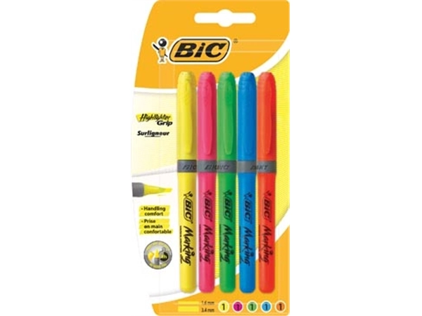 Een Bic markeerstift Highlighter Grip, blister van 5 stuks in geassorteerde kleuren koop je bij Muys Kantoor & Kado