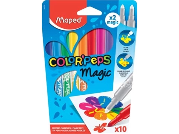 Een Maped viltstift Color'Peps Magic, etui van 10 stuks in geassorteerde kleuren en 2 magic stiften koop je bij Muys Kantoor & Kado