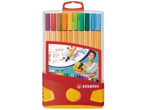 Een STABILO point 88 fineliner, Colorparade, rood-oranje doos, 20 stuks in geassorteerde kleuren koop je bij Muys Kantoor & Kado