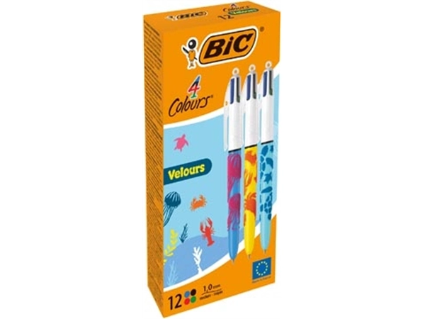 Een Bic Colours Velours 4-kleurenbalpen, medium, klassieke inktkleuren, doos van 12 stuks koop je bij Muys Kantoor & Kado