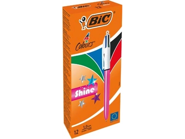 Een Bic Colours Shine 4-kleurenbalpen, medium, klassieke inktkleuren, lichaam metallic roze koop je bij best4office