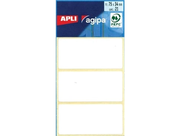 Een Agipa witte etiketten in etui ft 34 x 75 mm (b x h), 21 stuks, 3 per blad koop je bij best4office