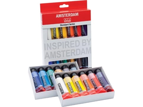 Een Amsterdam acrylverf tube van 20 ml, etui van 12 stuks in geassorteerde kleuren koop je bij Muys Kantoor & Kado