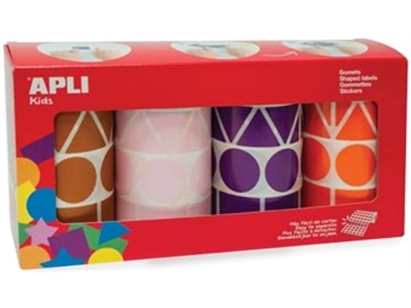 Een Apli Kids stickers XL, doos met 4 rollen in 4 kleuren en 4 vormen (bruin, roze, paars en oranje) koop je bij best4office