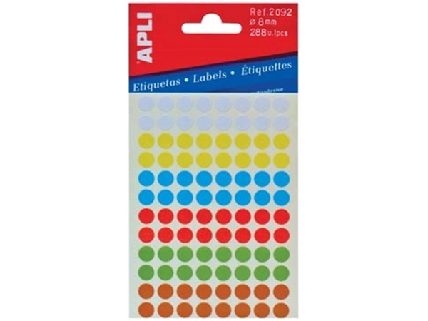 Een Apli ronde etiketten in etui diameter 8 mm, geassorteerde kleuren, 288 stuks, 96 per blad (2092) koop je bij best4office