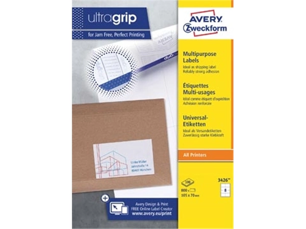 Een Avery Zweckform 3426, Universele etiketten, Ultragrip, wit, 100 vel, 8 per vel, ft 105 x 70 mm koop je bij best4office