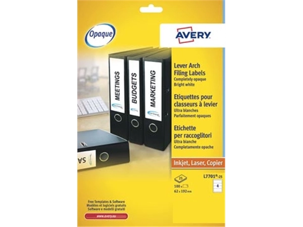 Een Avery Zweckform L7701-25 ordnerrugetiketten ft 19,2 x 6,2 cm (b x h), 100 etiketten, wit koop je bij best4office