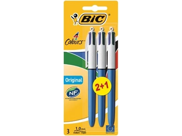 Een Bic Colours Original 4-kleurenbalpen, medium, klassieke inktkleuren, blauw, op blister 2+1 gratis koop je bij Muys Kantoor & Kado