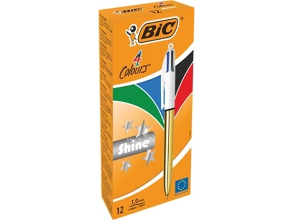 Een Bic Colours Shine 4-kleurenbalpen, medium, klassieke inktkleuren, lichaam goud koop je bij Muys Kantoor & Kado