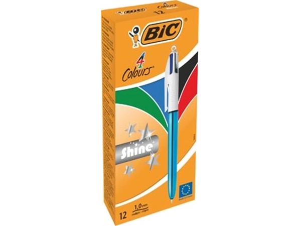 Een Bic Colours Shine 4-kleurenbalpen, medium, klassieke inktkleuren, lichaam metallic blauw koop je bij Muys Kantoor & Kado