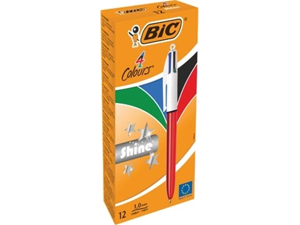 Een Bic Colours Shine 4-kleurenbalpen, medium, klassieke inktkleuren, lichaam metallic rood koop je bij Muys Kantoor & Kado