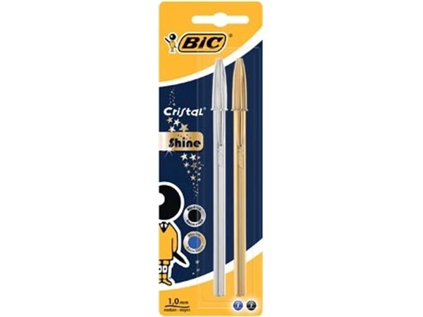 Een Bic balpen Cristal Shine, blister met 2 stuks (goud en zilver) koop je bij Muys Kantoor & Kado