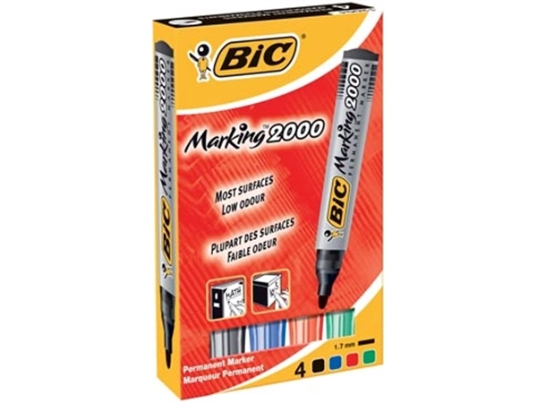 Een Bic permanent marker 2000, doos met 4 stuks in geassorteerde kleuren koop je bij Muys Kantoor & Kado