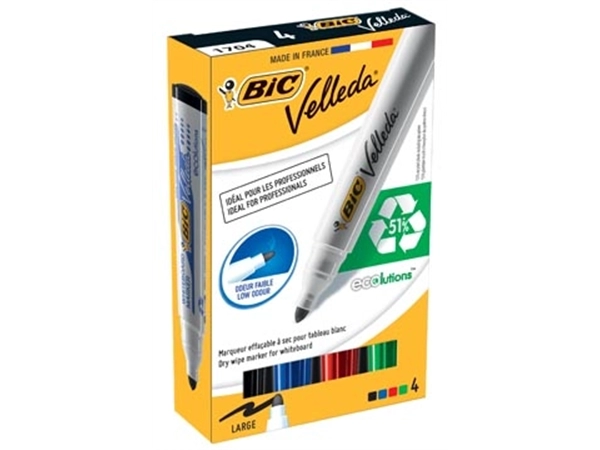 Een Bic whiteboardmarker 1701 doos van 4 stuks in geassorteerde kleuren koop je bij Muys Kantoor & Kado