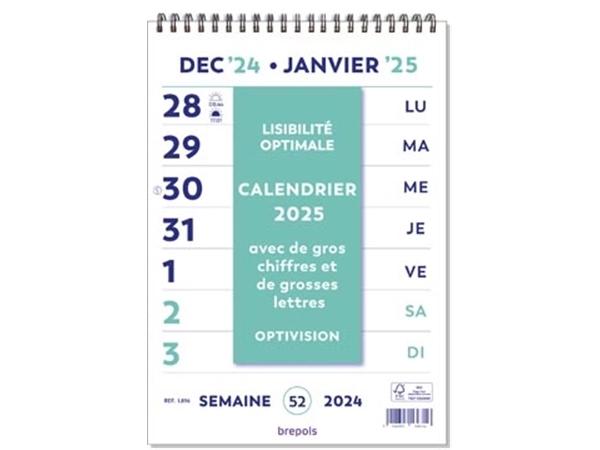 Een Brepols Optivision Wand-week kalender, Franstalig, 2025 koop je bij Muys Kantoor & Kado