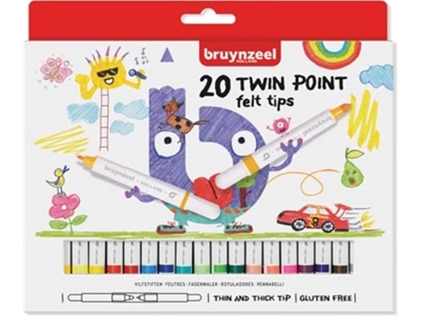 Een Bruynzeel Kids viltstiften Twin Point, set van 20 stuks in geassorteerde kleuren koop je bij best4office