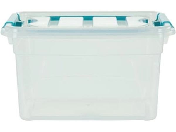 Een Whitefurze Carry Box opbergdoos 13 liter, transparant met blauwe handvaten koop je bij best4office