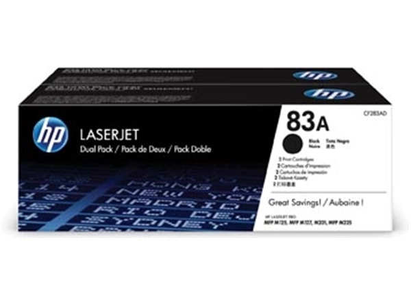 Een HP toner 83A, 1 500 pagina's, OEM CF283AD, zwart, duopack koop je bij Muys Kantoor & Kado