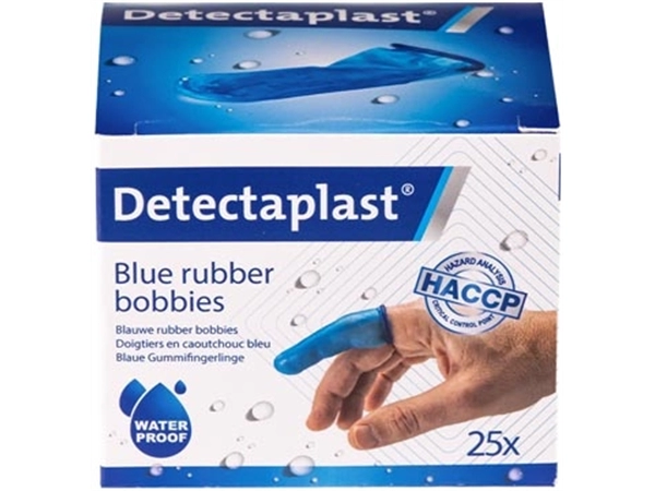 Een Detectaplast vingerbobs, rubber, latexvrij, blauw, pak van 25 stuks koop je bij Muys Kantoor & Kado