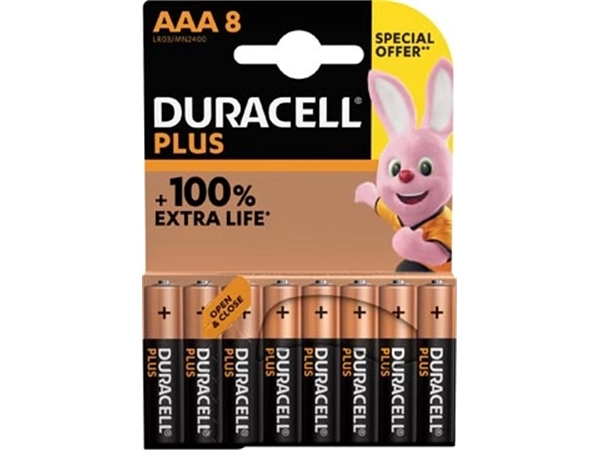 Een Duracell batterij Plus 100% AAA, blister van 8 stuks koop je bij Muys Kantoor & Kado