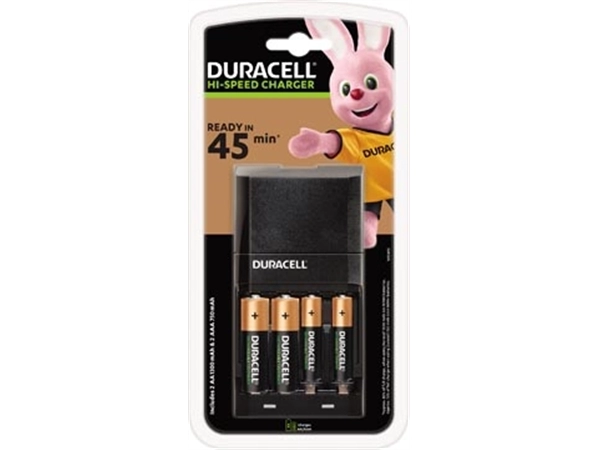 Een Duracell batterijlader Hi-Speed Advanced Charger, inclusief 2 AA en 2 AAA batterijen, op blister koop je bij Muys Kantoor & Kado