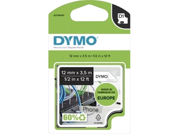 Een Dymo D1 flexibele nylontape 12 mm, zwart op wit koop je bij best4office