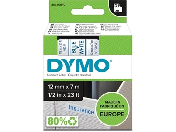 Een Dymo D1 tape 12 mm, blauw op wit koop je bij Muys Kantoor & Kado