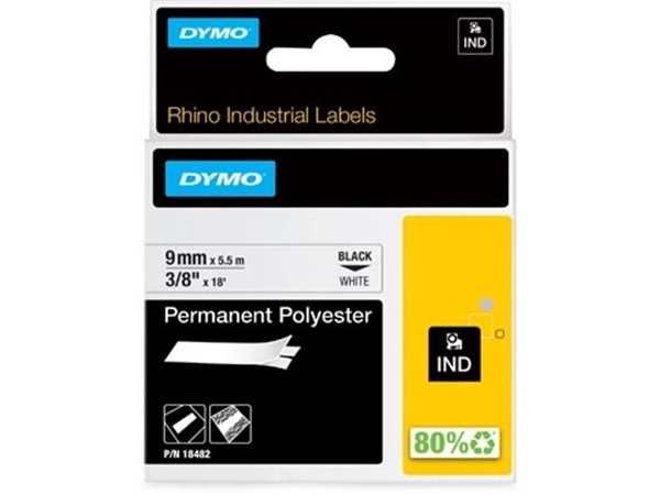 Een Dymo RHINO permanente polyester tape 9 mm, zwart op wit koop je bij best4office