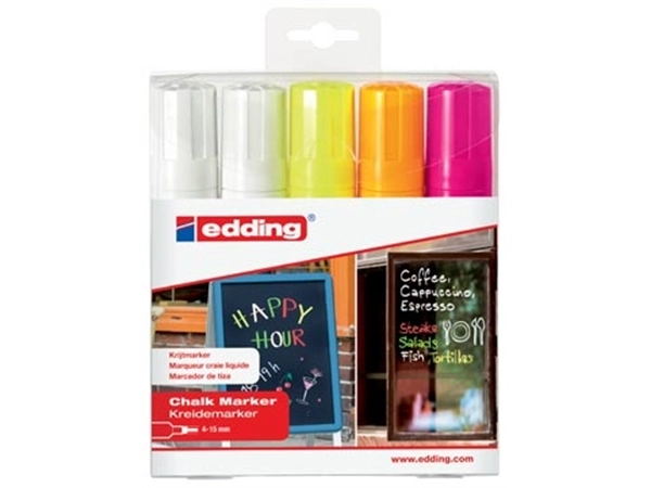 Een Edding krijtmarker e-4090 schuine punt etui van 5 stuks: 2 x wit, 1 x geel, 1 x oranje en 1 x roze koop je bij Muys Kantoor & Kado