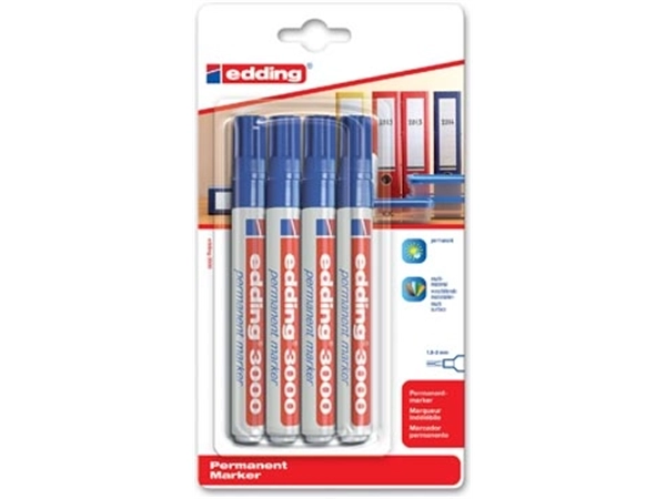 Een Edding permanent marker 3000, blauw, blister met 4 stuks koop je bij Muys Kantoor & Kado