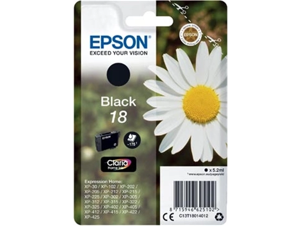 Een Epson inktcartridge 18, 175 pagina's, OEM C13T18014012, zwart koop je bij Muys Kantoor & Kado