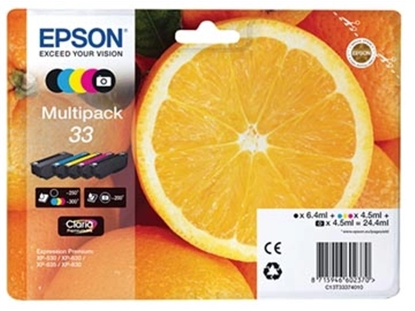 Een Epson inktcartridge 33, 200 - 300 pagina's, OEM C13T33374011, 5 kleuren koop je bij Muys Kantoor & Kado